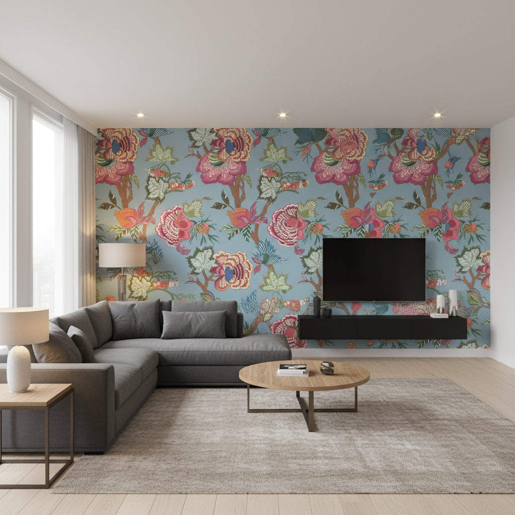 Indienne Jacobean Raspberry and Teal | Thibaut - Living Room Visualization (AI-generated, may not be to scale. Verify pattern scale with product specifications.)