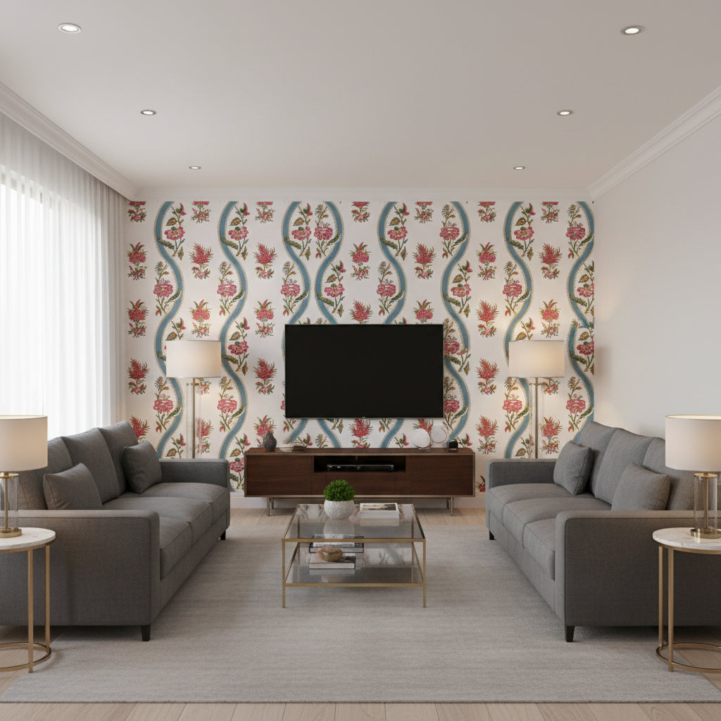 Ribbon Floral Raspberry and Teal | Thibaut - Living Room Visualization (AI-generated, may not be to scale. Verify pattern scale with product specifications.)