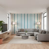 Maggie Stripe Teal | Thibaut Wallcoverings - Living Room Visualization (AI-generated, may not be to scale. Verify pattern scale with product specifications.)