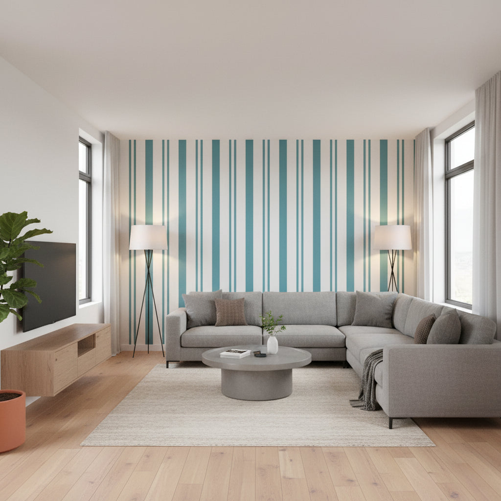 Maggie Stripe Teal | Thibaut Wallcoverings - Living Room Visualization (AI-generated, may not be to scale. Verify pattern scale with product specifications.)
