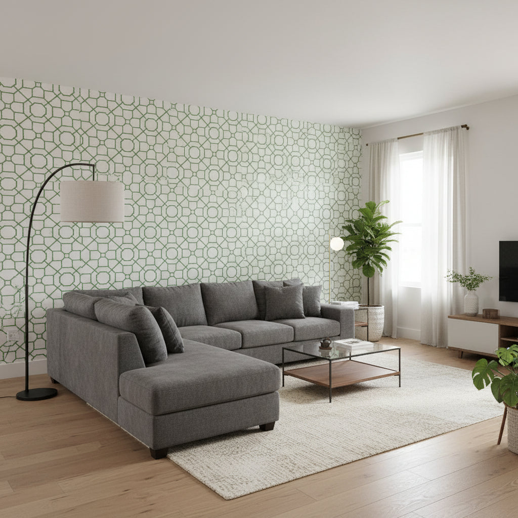 Arbor Emerald | Thibaut Wallcoverings - Living Room Visualization (AI-generated, may not be to scale. Verify pattern scale with product specifications.)