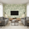 Empress Court Green | Thibaut - Living Room Visualization (AI-generated, may not be to scale. Verify pattern scale with product specifications.)