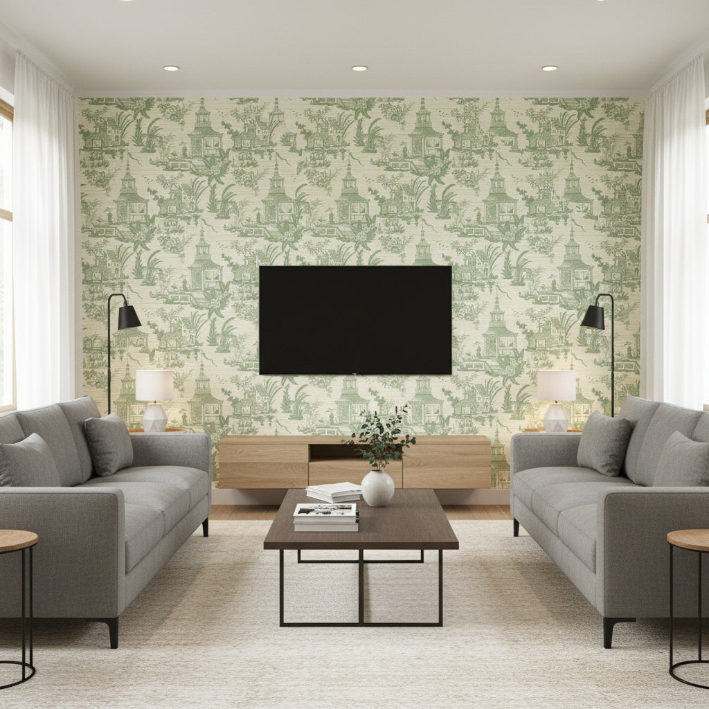Empress Court Green | Thibaut - Living Room Visualization (AI-generated, may not be to scale. Verify pattern scale with product specifications.)