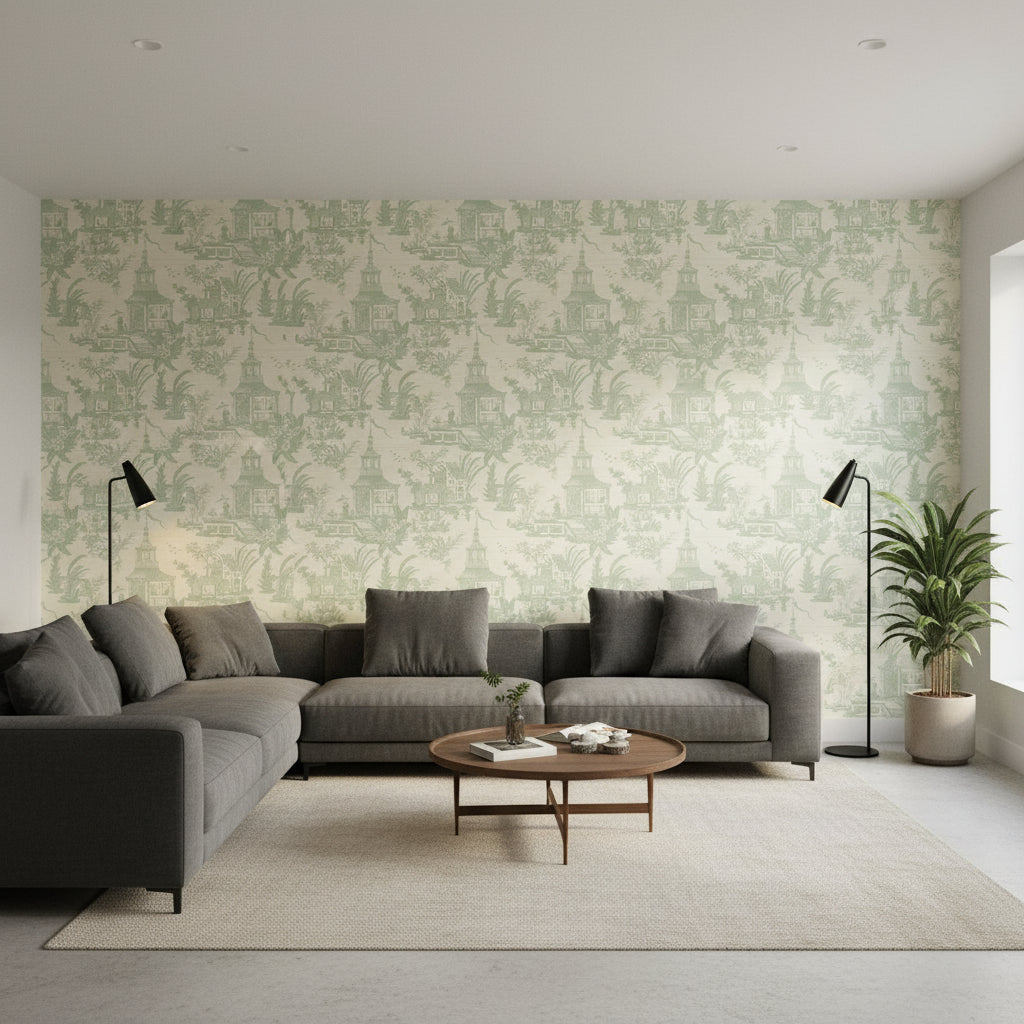Empress Court Mist | Thibaut Wallcoverings - Living Room Visualization (AI-generated, may not be to scale. Verify pattern scale with product specifications.)