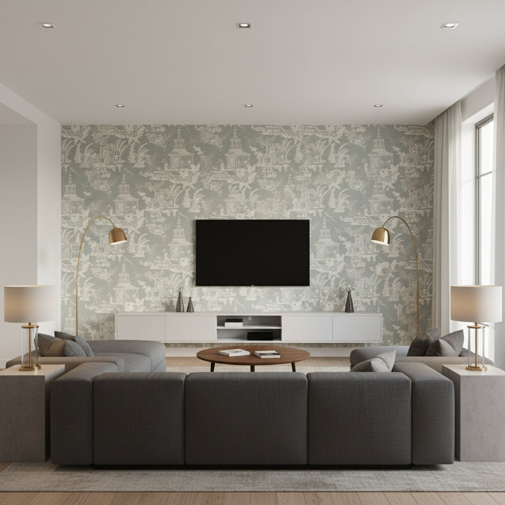 Empress Court Grey | Thibaut - Living Room Visualization (AI-generated, may not be to scale. Verify pattern scale with product specifications.)