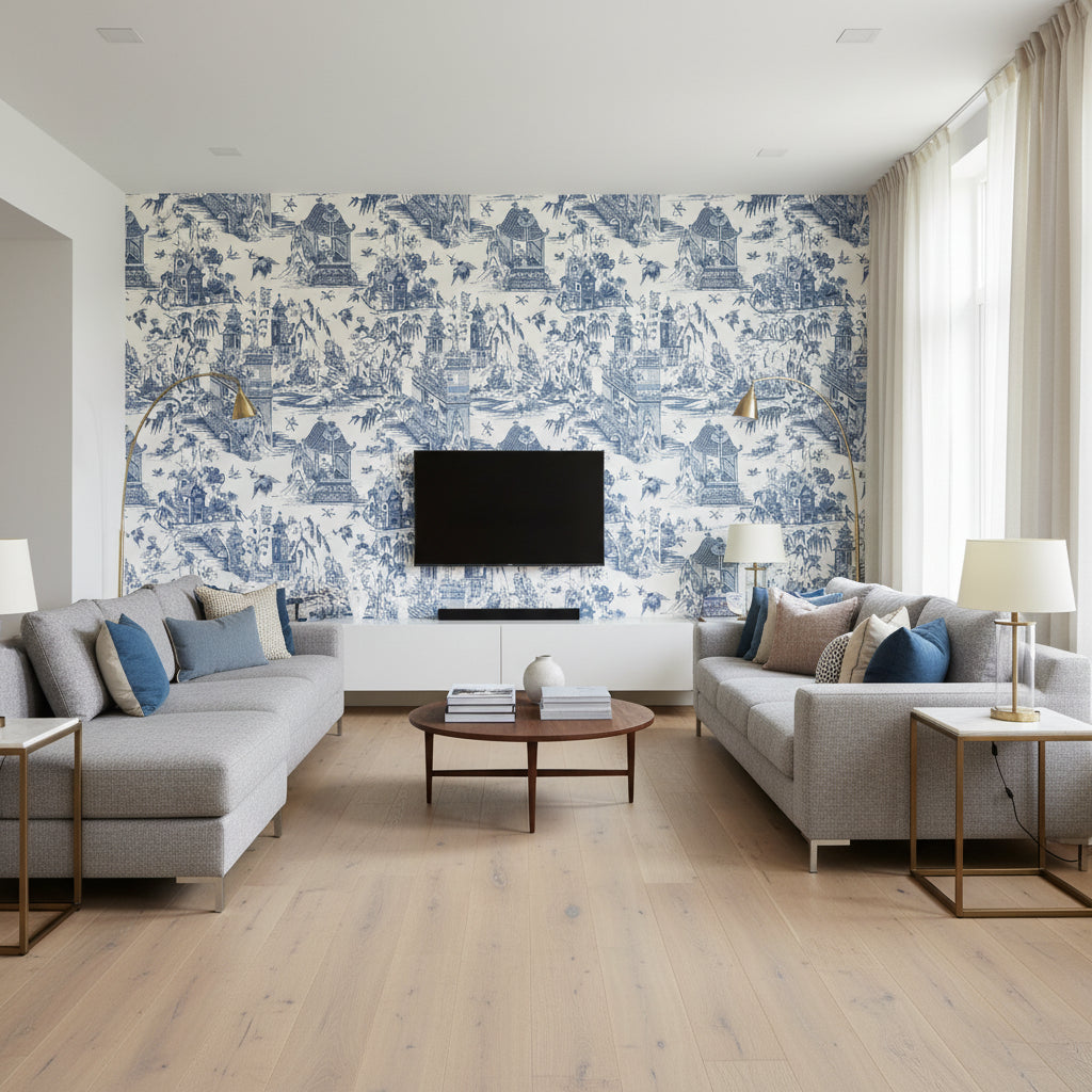 GRAND PALACE Blue and White | Thibaut - Living Room Visualization (AI-generated, may not be to scale. Verify pattern scale with product specifications.)