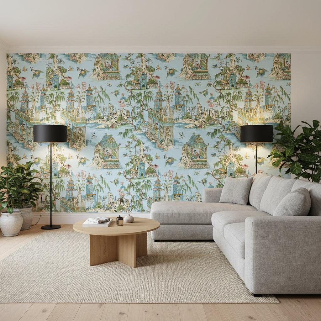 Grand Palace Spa Blue | Thibaut Wallcoverings - Living Room Visualization (AI-generated, may not be to scale. Verify pattern scale with product specifications.)