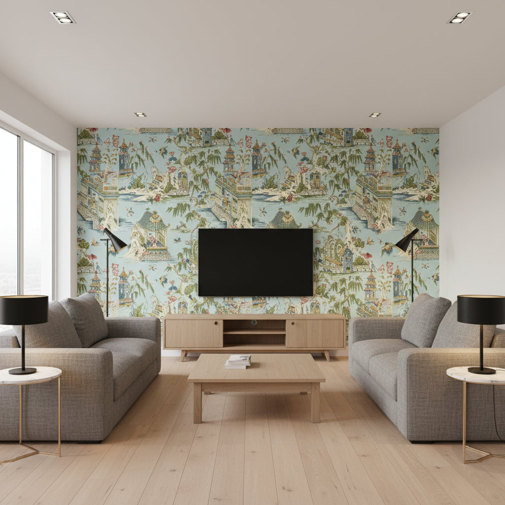 Grand Palace Mist | Thibaut - Living Room Visualization (AI-generated, may not be to scale. Verify pattern scale with product specifications.)