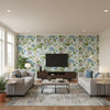 Hill Garden Spa Blue | Thibaut - Living Room Visualization (AI-generated, may not be to scale. Verify pattern scale with product specifications.)