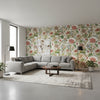 Hill Garden Flax | Thibaut Wallcoverings - Living Room Visualization (AI-generated, may not be to scale. Verify pattern scale with product specifications.)