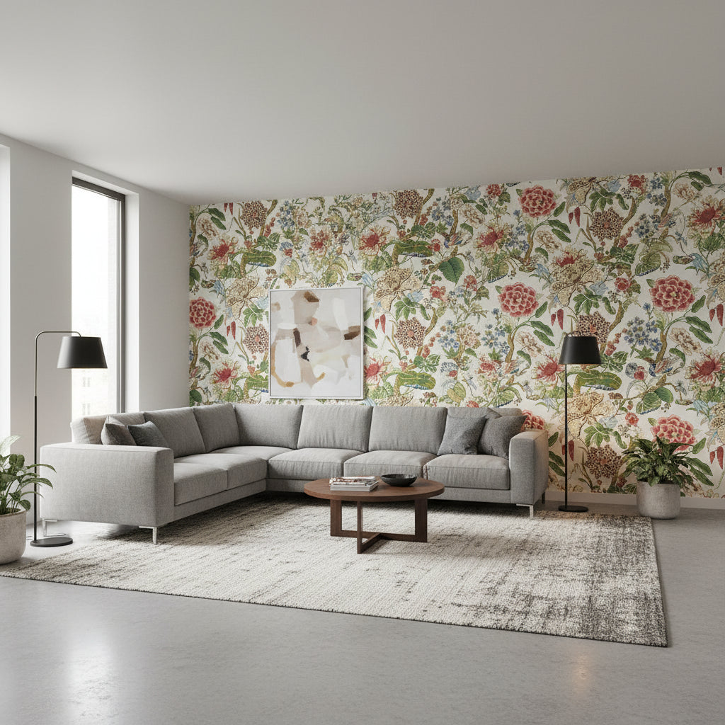 Hill Garden Flax | Thibaut Wallcoverings - Living Room Visualization (AI-generated, may not be to scale. Verify pattern scale with product specifications.)