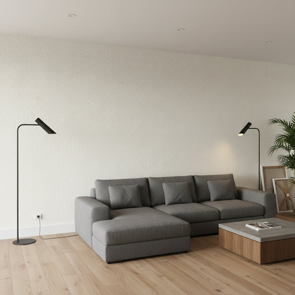 Holiday Trellis Beige | Thibaut Wallcoverings - Living Room Visualization (AI-generated, may not be to scale. Verify pattern scale with product specifications.)