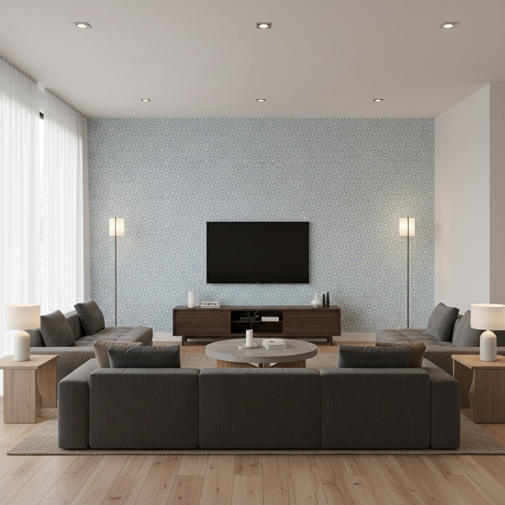 Holiday Trellis Blue | Thibaut - Living Room Visualization (AI-generated, may not be to scale. Verify pattern scale with product specifications.)