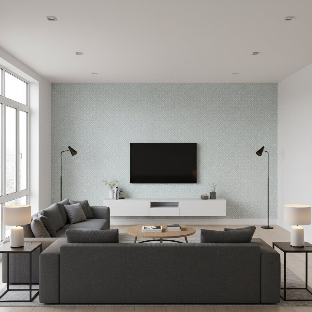 Holiday Trellis Mist | Thibaut - Living Room Visualization (AI-generated, may not be to scale. Verify pattern scale with product specifications.)
