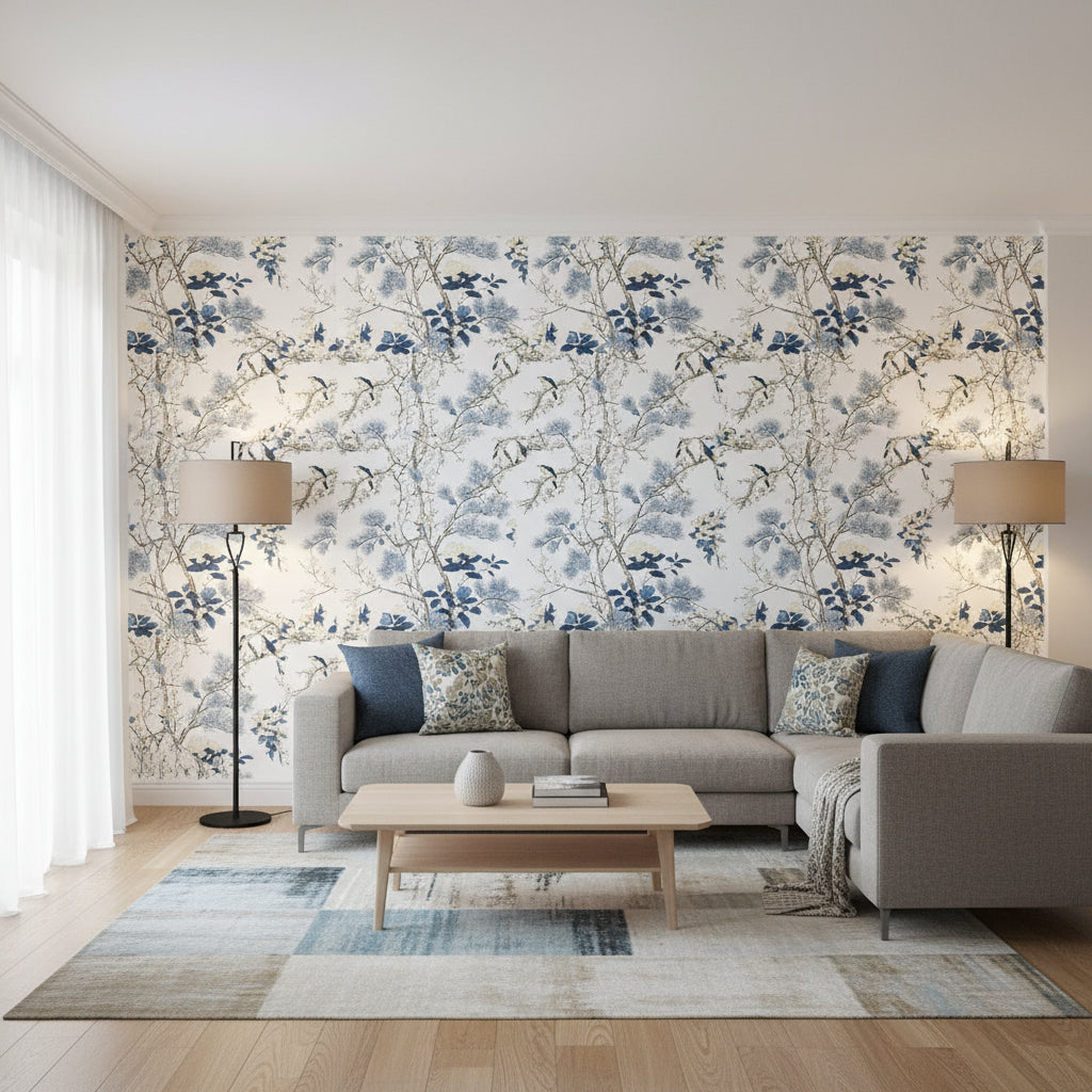 Katsura Blue and White | Thibaut Wallcoverings - Living Room Visualization (AI-generated, may not be to scale. Verify pattern scale with product specifications.)