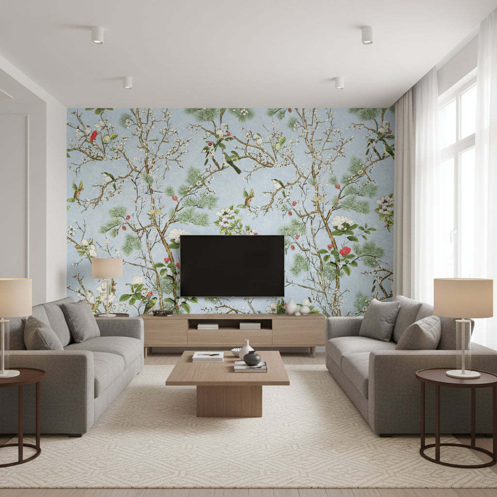 Katsura Spa Blue | Thibaut - Living Room Visualization (AI-generated, may not be to scale. Verify pattern scale with product specifications.)
