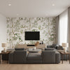 Katsura Green and White | Thibaut - Living Room Visualization (AI-generated, may not be to scale. Verify pattern scale with product specifications.)