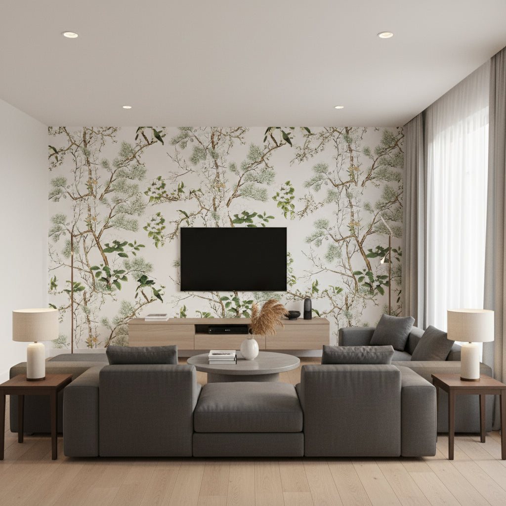 Katsura Green and White | Thibaut - Living Room Visualization (AI-generated, may not be to scale. Verify pattern scale with product specifications.)