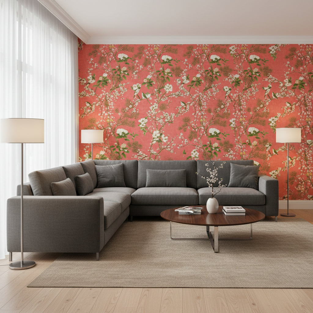 Katsura Coral | Thibaut Wallcoverings - Living Room Visualization (AI-generated, may not be to scale. Verify pattern scale with product specifications.)