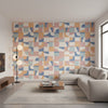 Colored Blocks Multi | Thibaut Wallcoverings - Living Room Visualization (AI-generated, may not be to scale. Verify pattern scale with product specifications.)