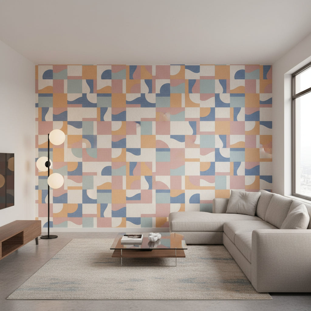 Colored Blocks Multi | Thibaut Wallcoverings - Living Room Visualization (AI-generated, may not be to scale. Verify pattern scale with product specifications.)
