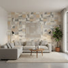 Colored Blocks Beige | Thibaut Wallcoverings - Living Room Visualization (AI-generated, may not be to scale. Verify pattern scale with product specifications.)