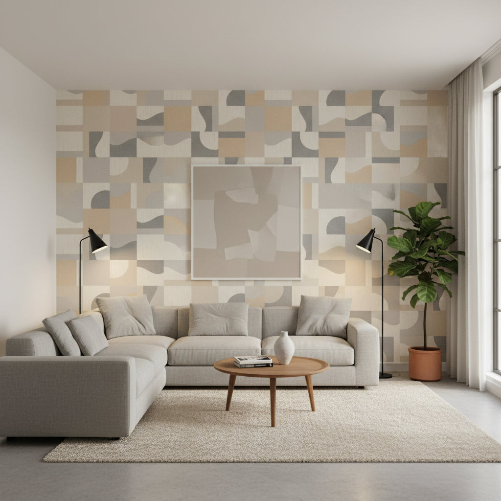 Colored Blocks Beige | Thibaut Wallcoverings - Living Room Visualization (AI-generated, may not be to scale. Verify pattern scale with product specifications.)