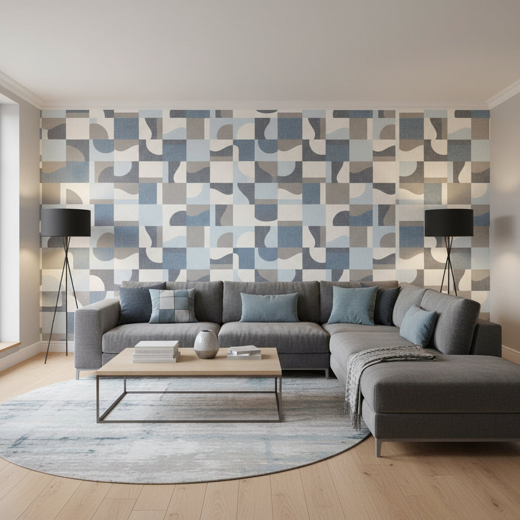 Colored Blocks Blue | Thibaut Wallcoverings - Living Room Visualization (AI-generated, may not be to scale. Verify pattern scale with product specifications.)