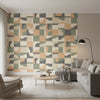 Colored Blocks Green | Thibaut Wallcoverings - Living Room Visualization (AI-generated, may not be to scale. Verify pattern scale with product specifications.)