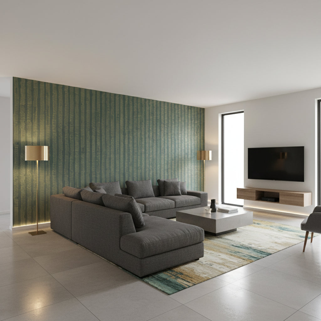 Cork Forest Olive Green | Thibaut Wallcoverings - Living Room Visualization (AI-generated, may not be to scale. Verify pattern scale with product specifications.)