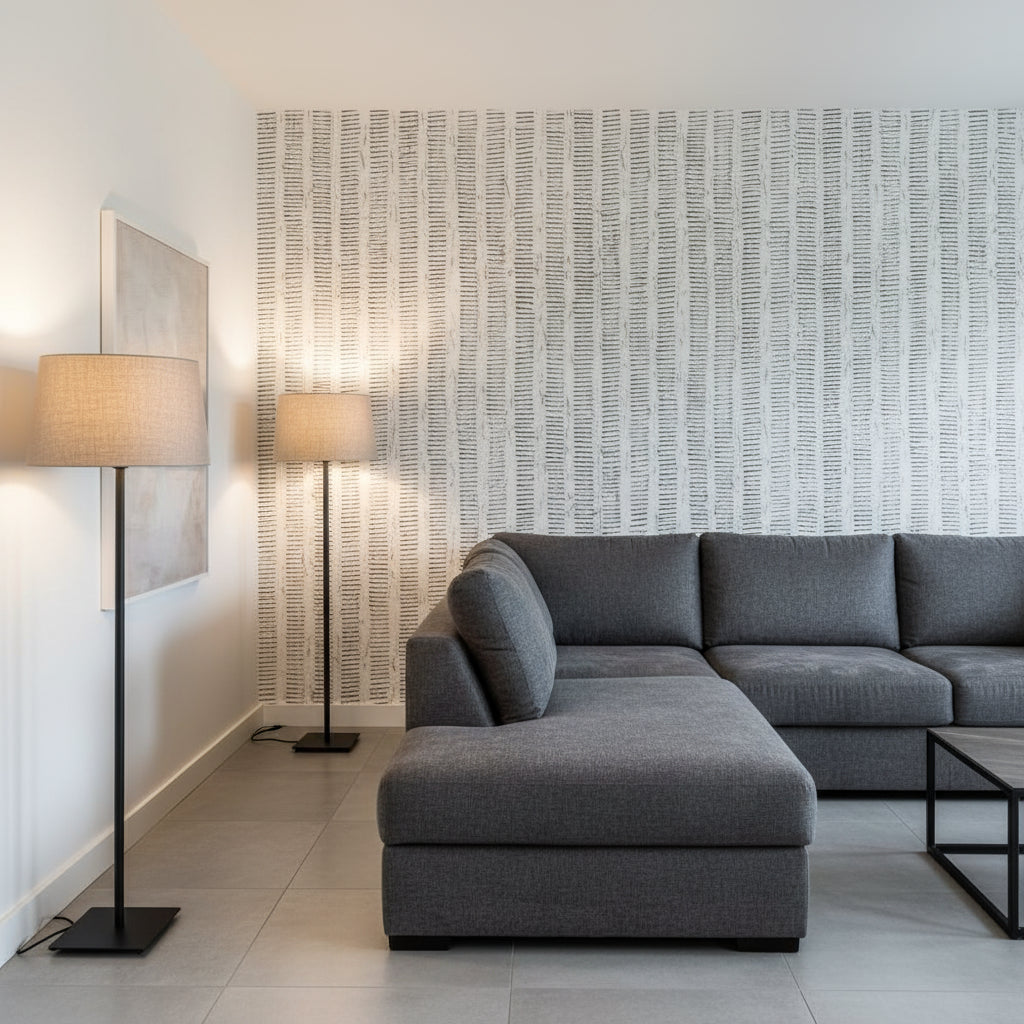 Cork Forest Black and White | Thibaut Wallcoverings - Living Room Visualization (AI-generated, may not be to scale. Verify pattern scale with product specifications.)