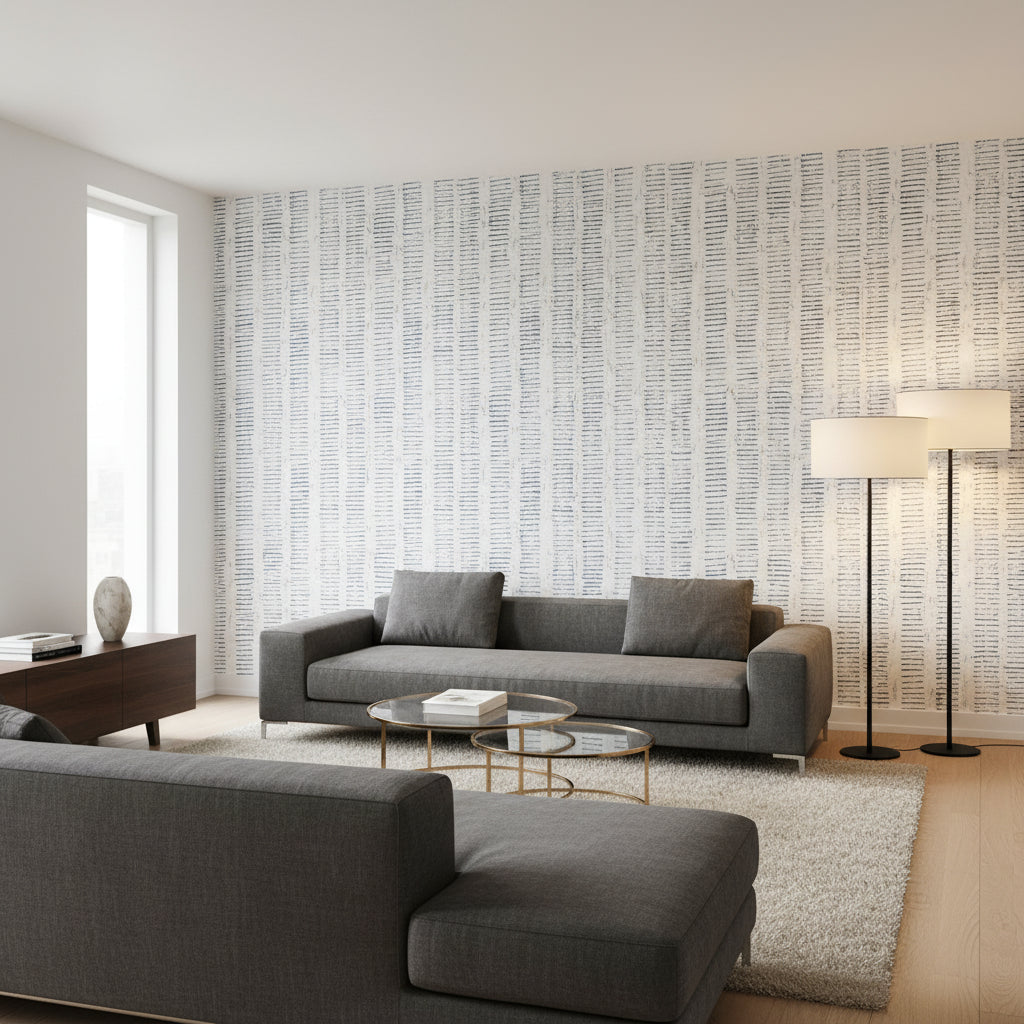 Cork Forest Navy and White | Thibaut Wallcoverings - Living Room Visualization (AI-generated, may not be to scale. Verify pattern scale with product specifications.)