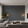 Cork Forest Charcoal | Thibaut Wallcoverings - Living Room Visualization (AI-generated, may not be to scale. Verify pattern scale with product specifications.)