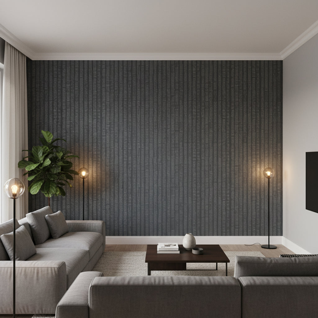 Cork Forest Charcoal | Thibaut Wallcoverings - Living Room Visualization (AI-generated, may not be to scale. Verify pattern scale with product specifications.)