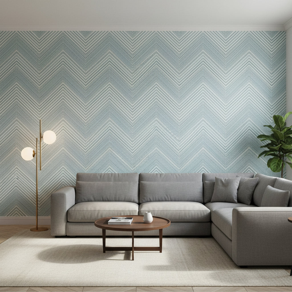 Elevation Navy and Aqua | Thibaut Wallcoverings - Living Room Visualization (AI-generated, may not be to scale. Verify pattern scale with product specifications.)