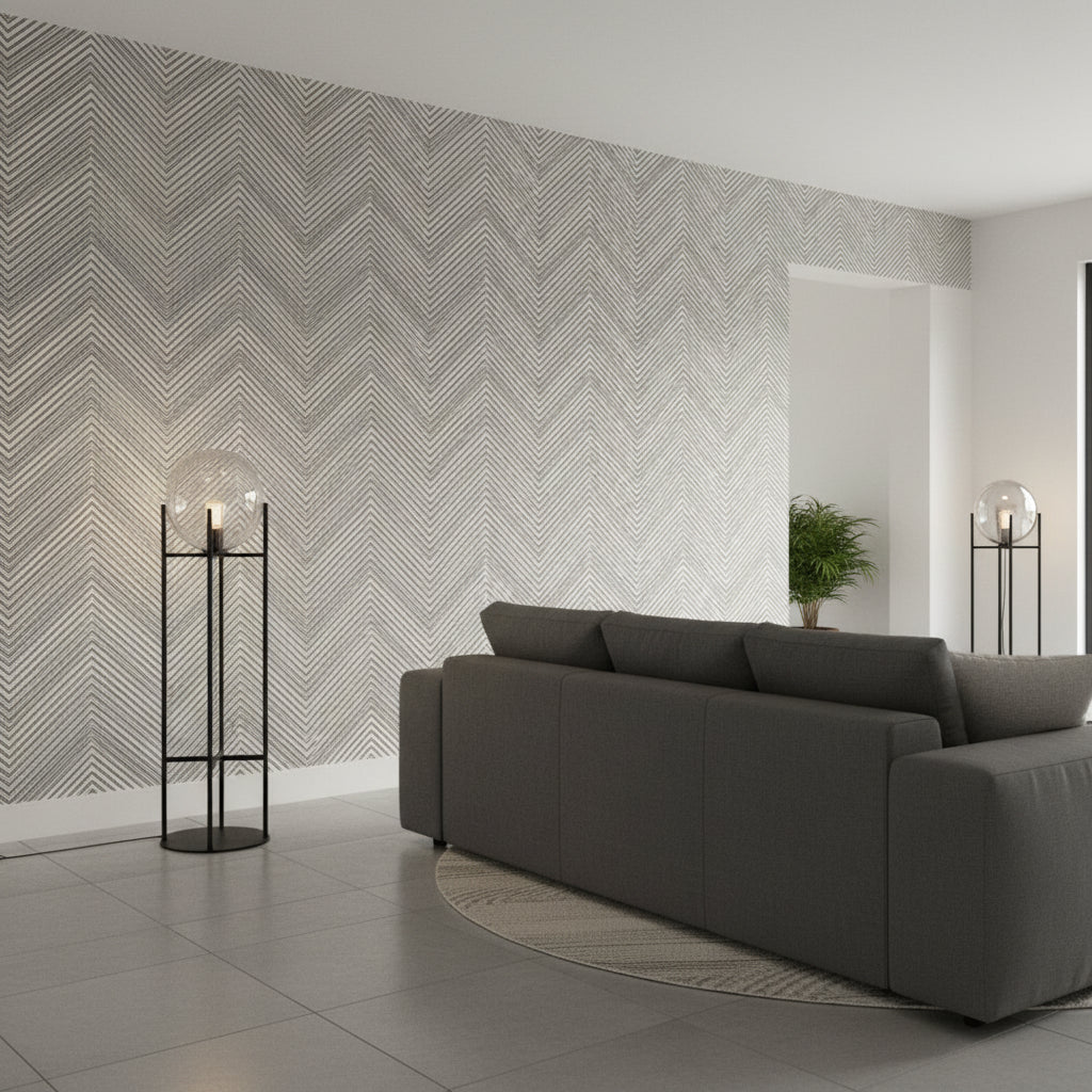 Elevation Black and Grey | Thibaut Wallcoverings - Living Room Visualization (AI-generated, may not be to scale. Verify pattern scale with product specifications.)