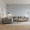 Elevation Blue and White | Thibaut Wallcoverings - Living Room Visualization (AI-generated, may not be to scale. Verify pattern scale with product specifications.)