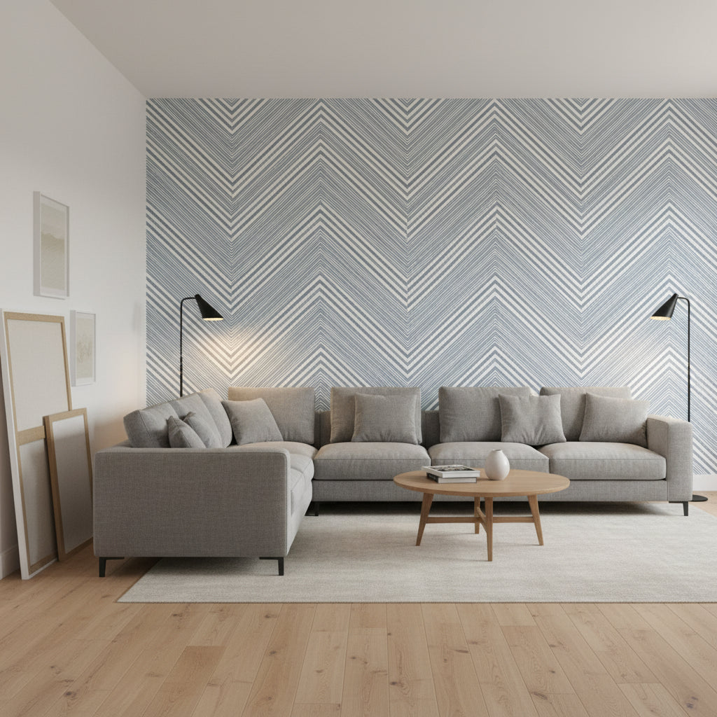 Elevation Blue and White | Thibaut Wallcoverings - Living Room Visualization (AI-generated, may not be to scale. Verify pattern scale with product specifications.)