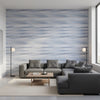 Equinox Blue and White | Thibaut Wallcoverings - Living Room Visualization (AI-generated, may not be to scale. Verify pattern scale with product specifications.)