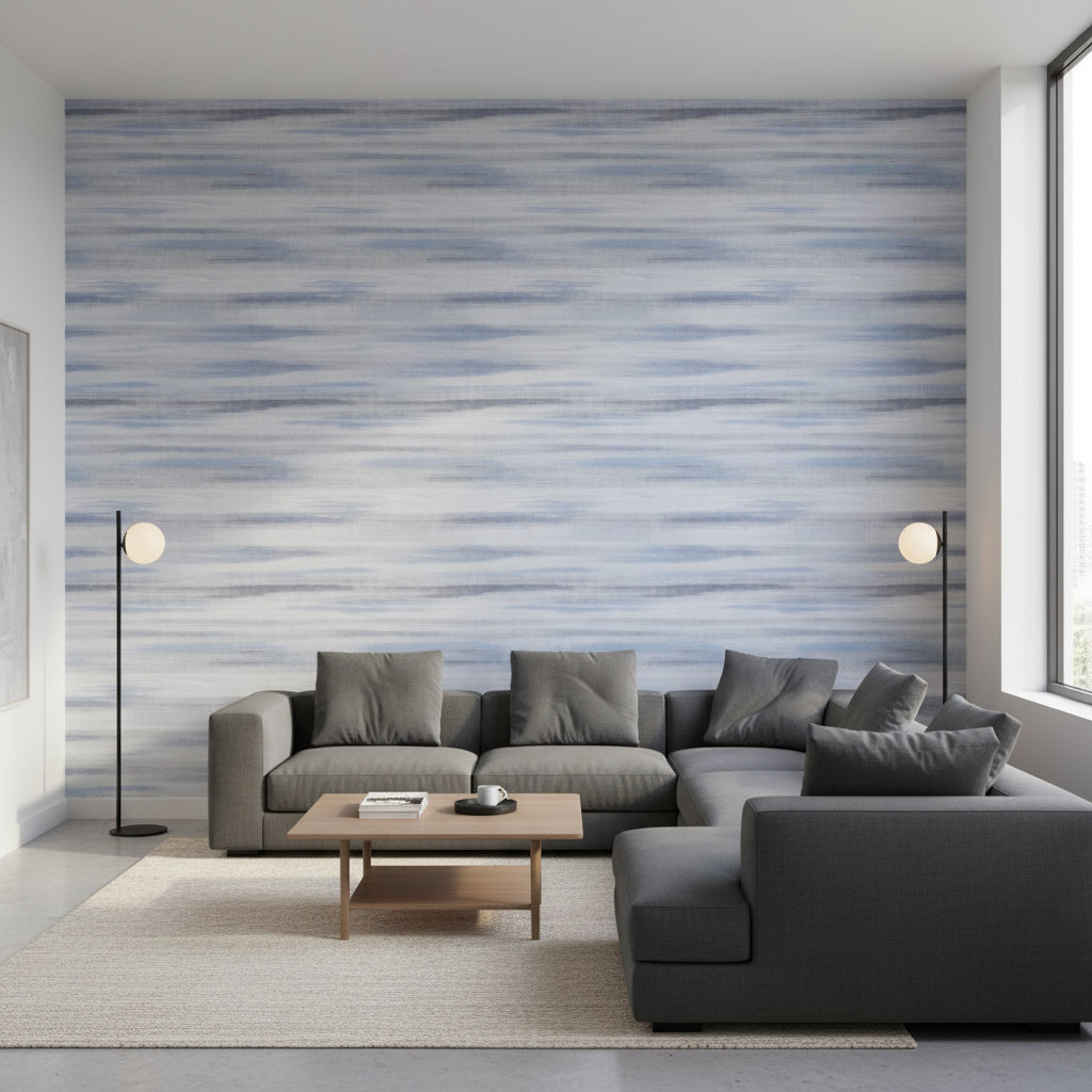 Equinox Blue and White | Thibaut Wallcoverings - Living Room Visualization (AI-generated, may not be to scale. Verify pattern scale with product specifications.)