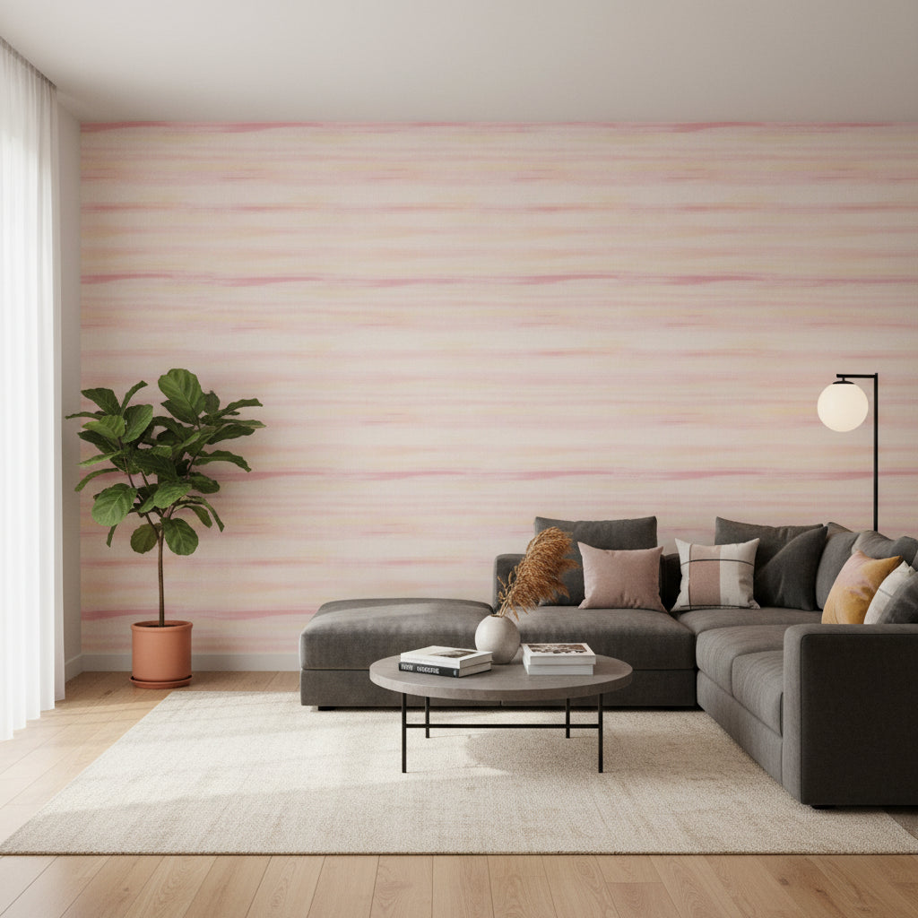 Equinox Pink and Yellow | Thibaut Wallcoverings - Living Room Visualization (AI-generated, may not be to scale. Verify pattern scale with product specifications.)