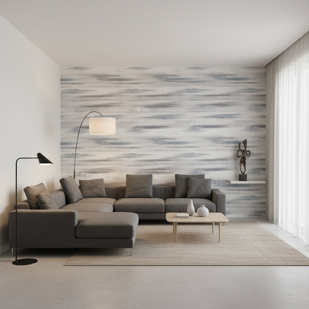 Equinox Lavender and Teal | Thibaut Wallcoverings - Living Room Visualization (AI-generated, may not be to scale. Verify pattern scale with product specifications.)