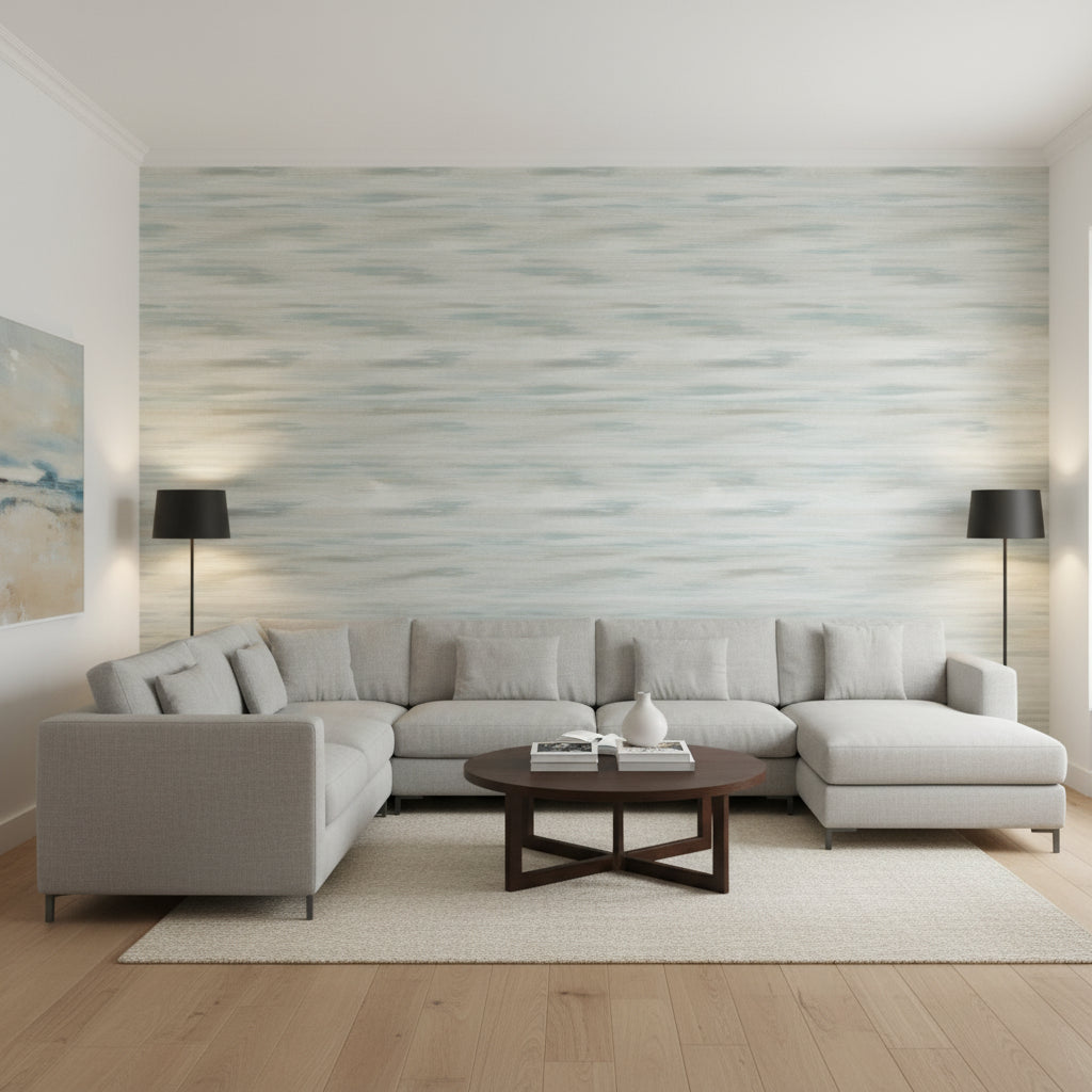Equinox Spa Blue and Beige | Thibaut Wallcoverings - Living Room Visualization (AI-generated, may not be to scale. Verify pattern scale with product specifications.)