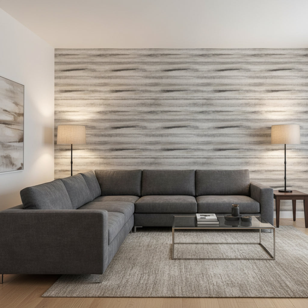 Equinox Black | Thibaut Wallcoverings - Living Room Visualization (AI-generated, may not be to scale. Verify pattern scale with product specifications.)