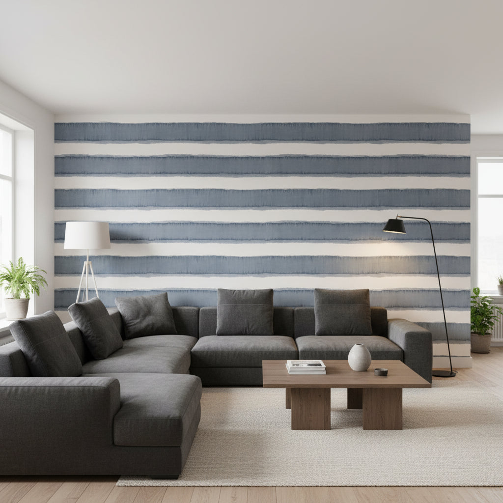 Mizu Stripe Slate Blue | Thibaut Wallcoverings - Living Room Visualization (AI-generated, may not be to scale. Verify pattern scale with product specifications.)