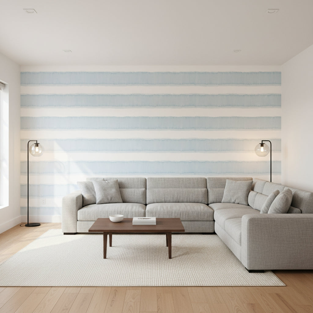 Mizu Stripe Spa Blue | Thibaut Wallcoverings - Living Room Visualization (AI-generated, may not be to scale. Verify pattern scale with product specifications.)