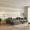 Mizu Stripe Wheat | Thibaut Wallcoverings - Living Room Visualization (AI-generated, may not be to scale. Verify pattern scale with product specifications.)