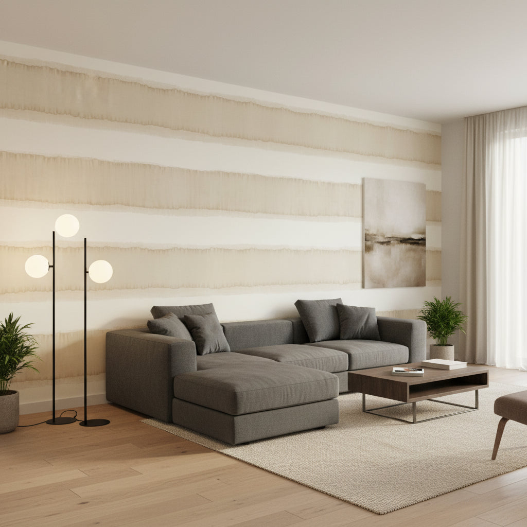Mizu Stripe Wheat | Thibaut Wallcoverings - Living Room Visualization (AI-generated, may not be to scale. Verify pattern scale with product specifications.)