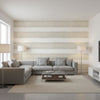 Mizu Stripe Taupe | Thibaut Wallcoverings - Living Room Visualization (AI-generated, may not be to scale. Verify pattern scale with product specifications.)
