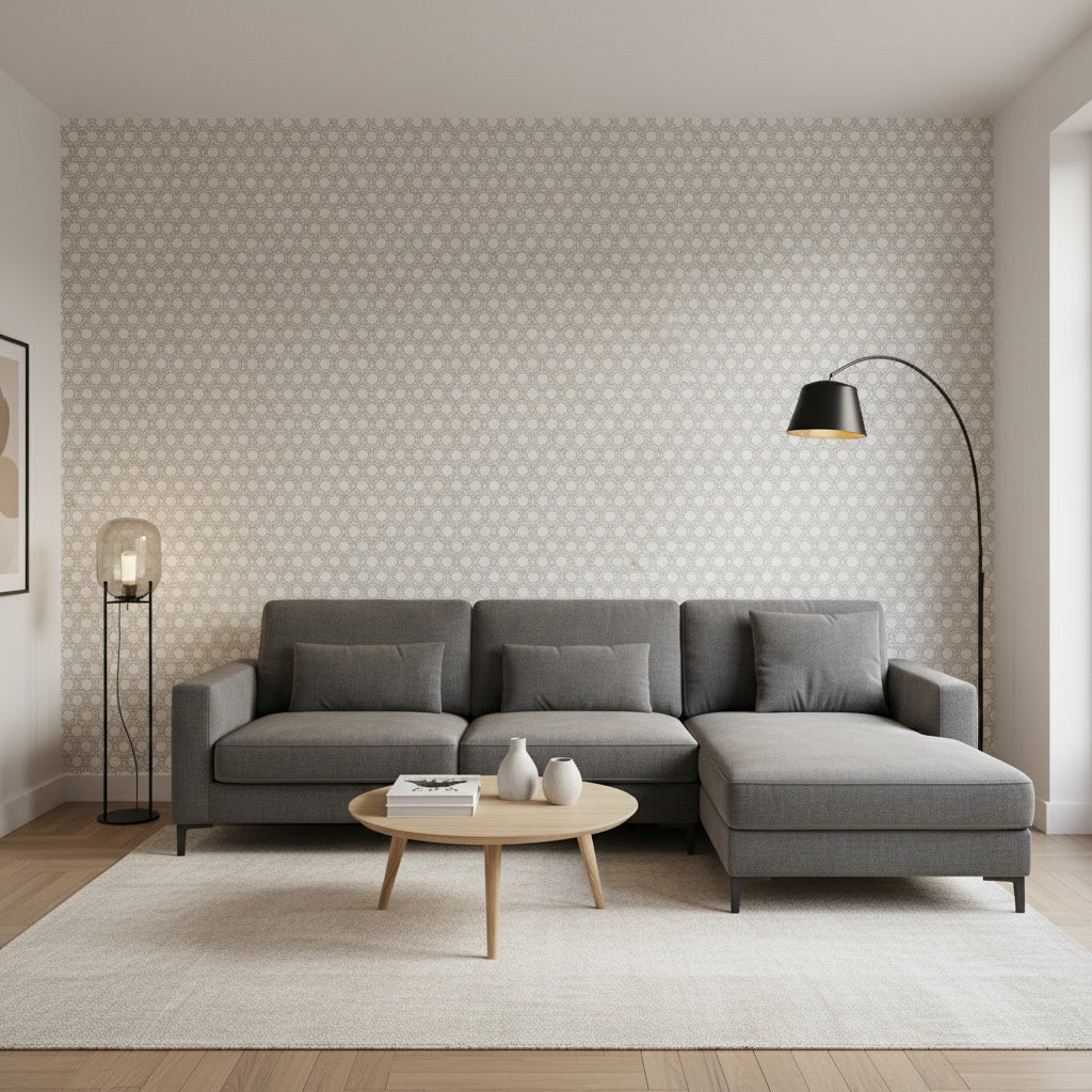 Pergola Black | Thibaut Wallcoverings - Living Room Visualization (AI-generated, may not be to scale. Verify pattern scale with product specifications.)